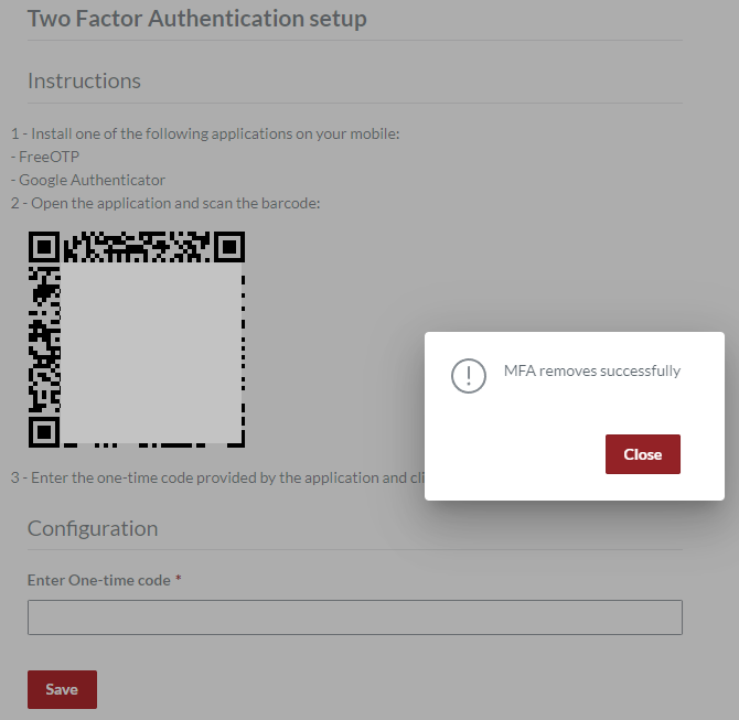 MFA removes successfully Pop-up Dialog MFA removes successfully Pop-up Dialog